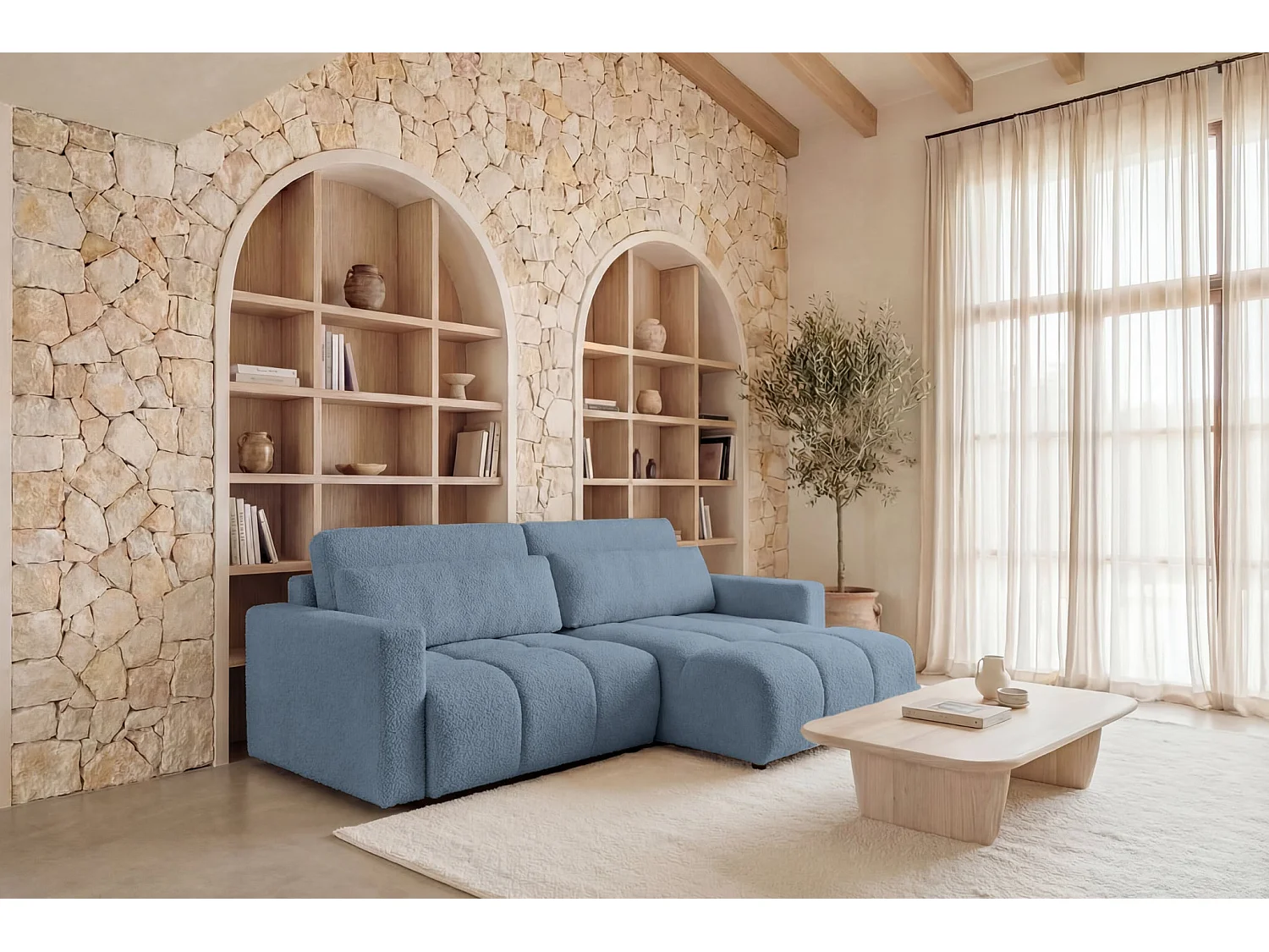 MAIA - Canapé amovible convertible tissu bouclette 3 places Bleu