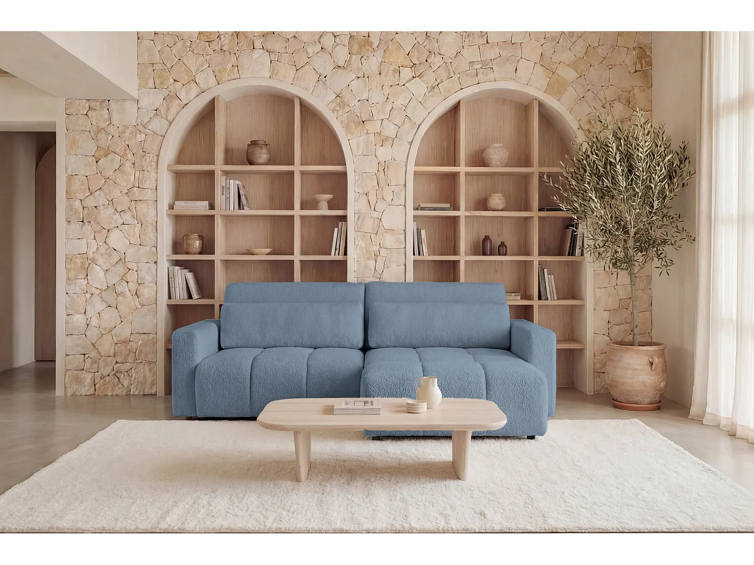 MAIA - Canapé amovible convertible tissu bouclette 3 places Bleu
