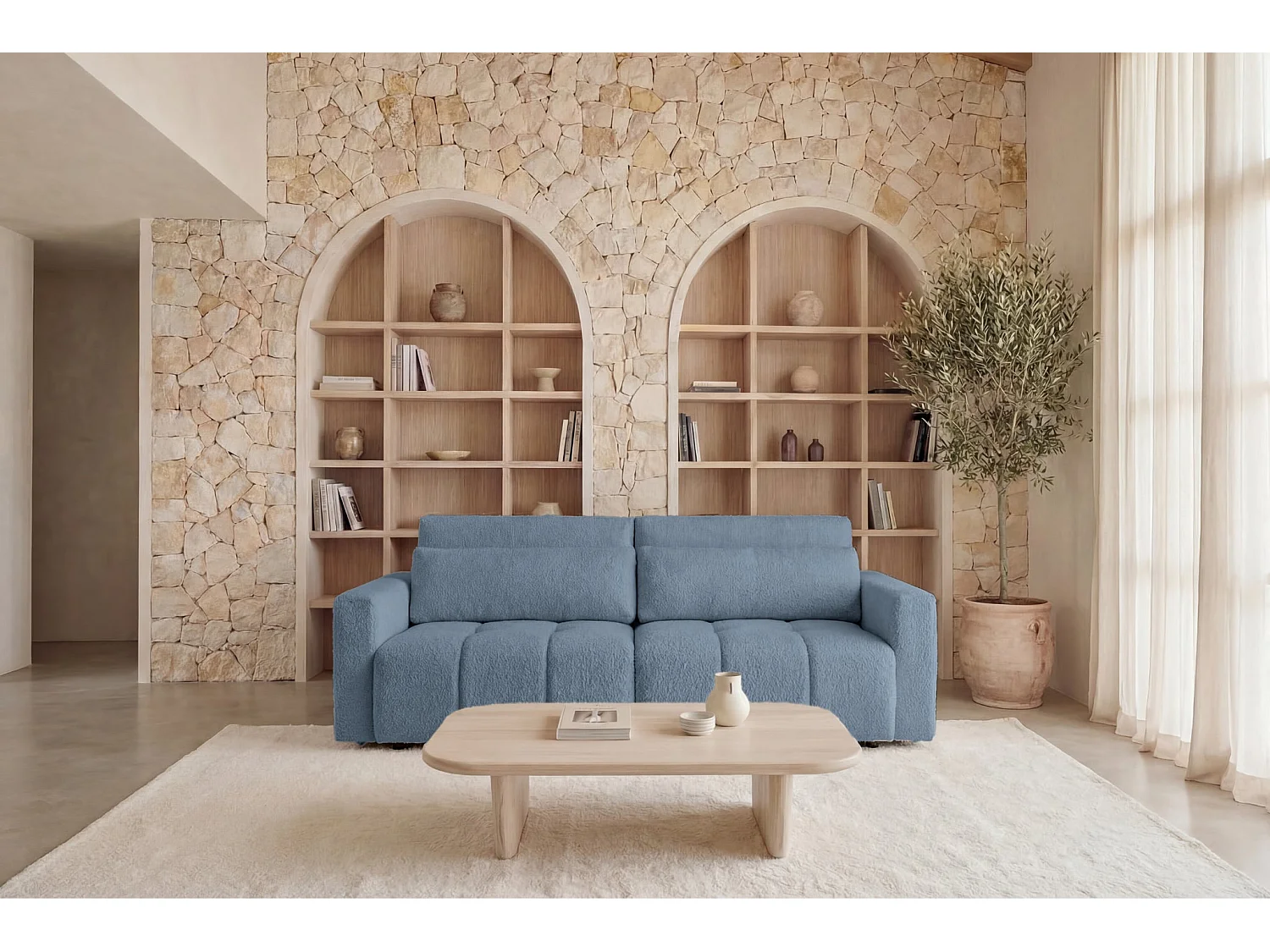 MAIA - Canapé amovible convertible tissu bouclette 3 places Bleu