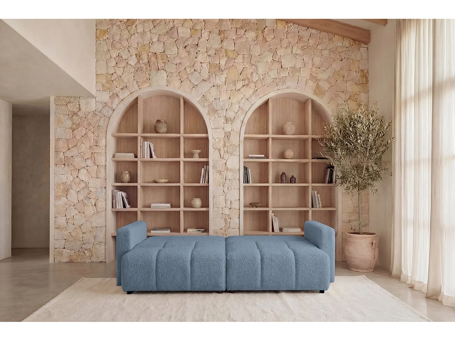 MAIA - Canapé amovible convertible tissu bouclette 3 places Bleu
