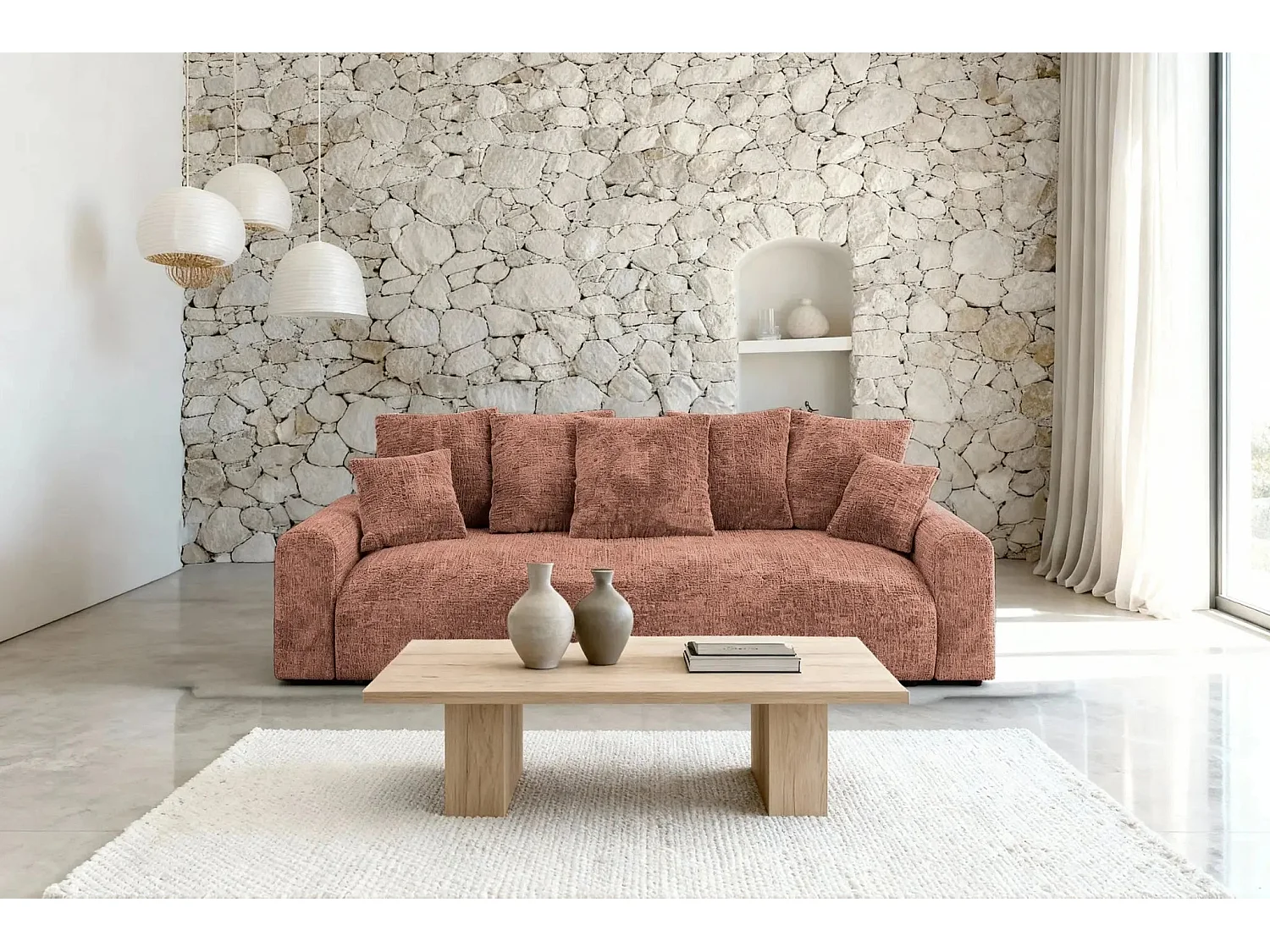 OLI - Canapé droit convertible tissu chenille 3 places Terracotta