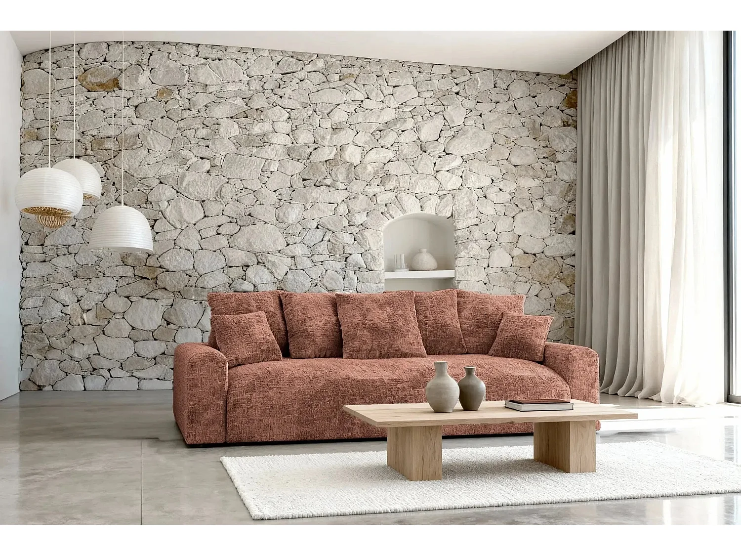 OLI - Canapé droit convertible tissu chenille 3 places Terracotta