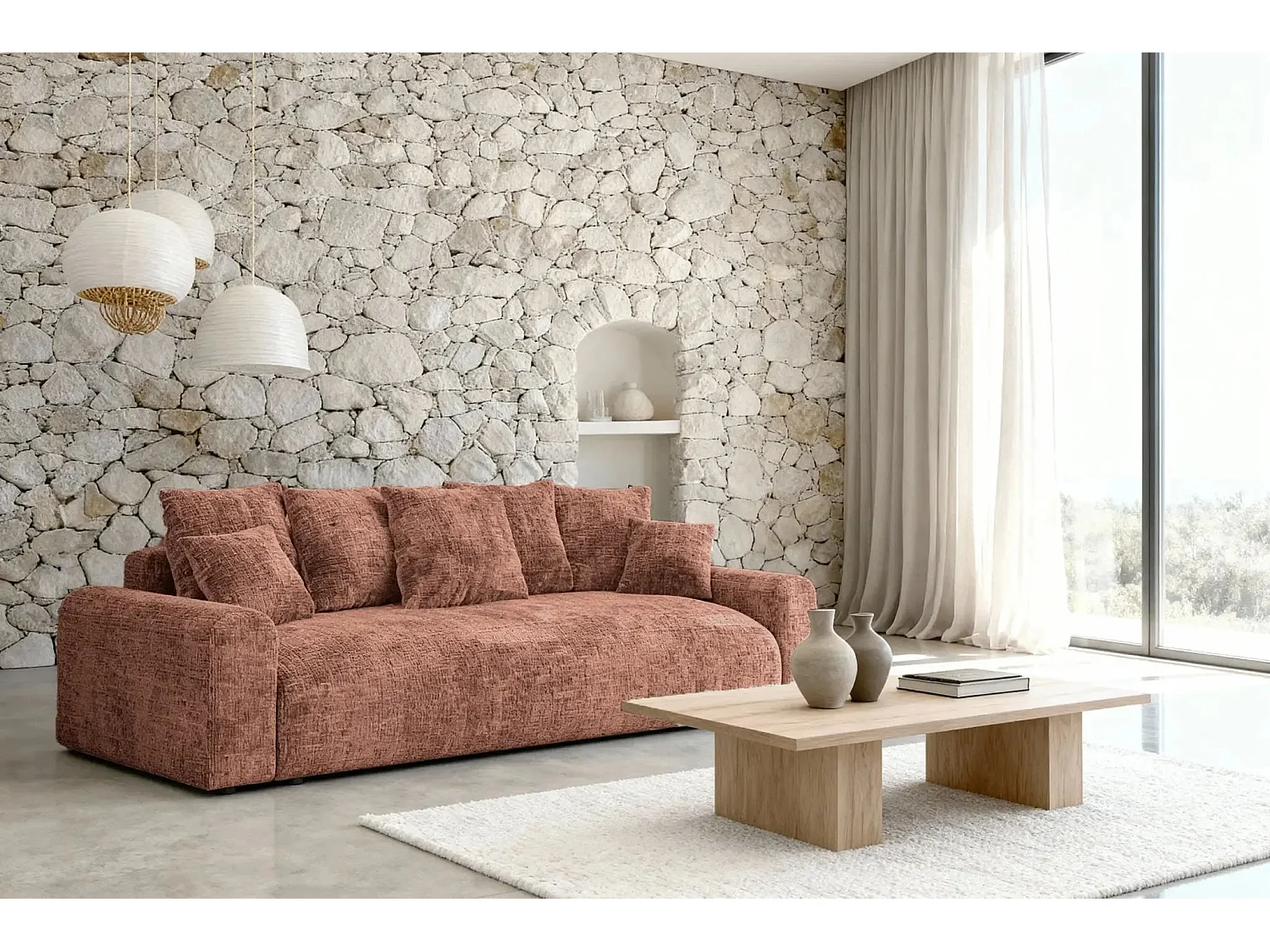 OLI - Canapé droit convertible tissu chenille 3 places Terracotta