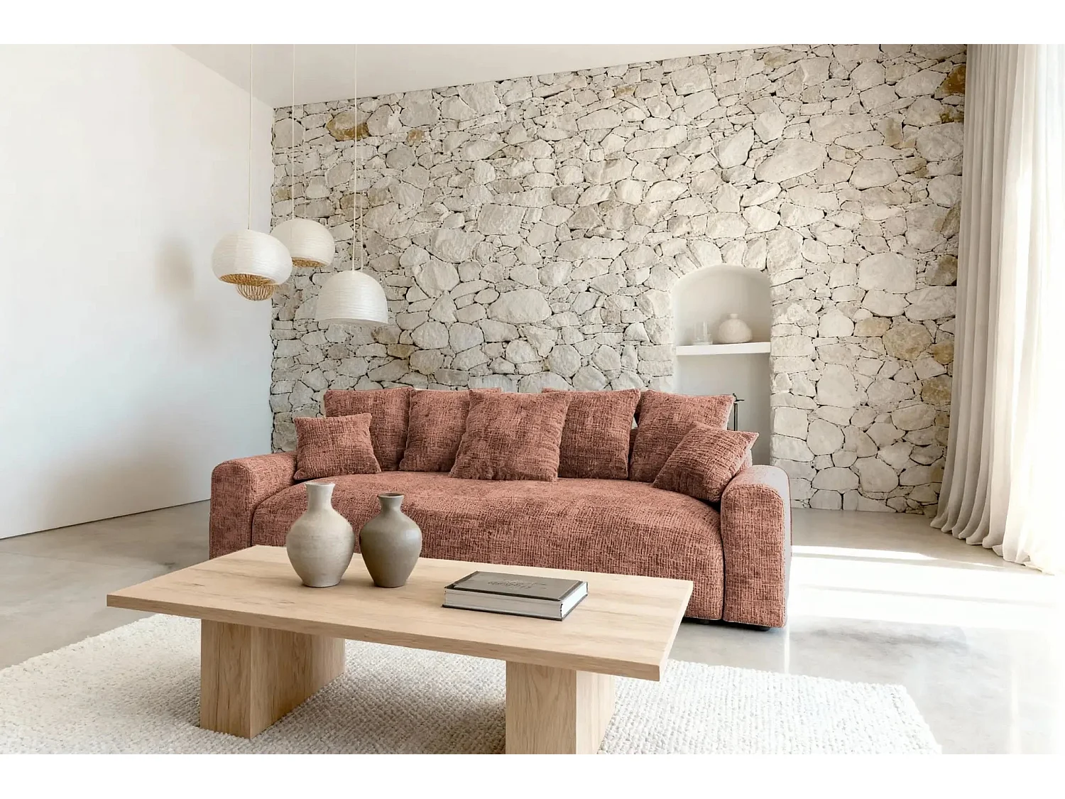OLI - Canapé droit convertible tissu chenille 3 places Terracotta
