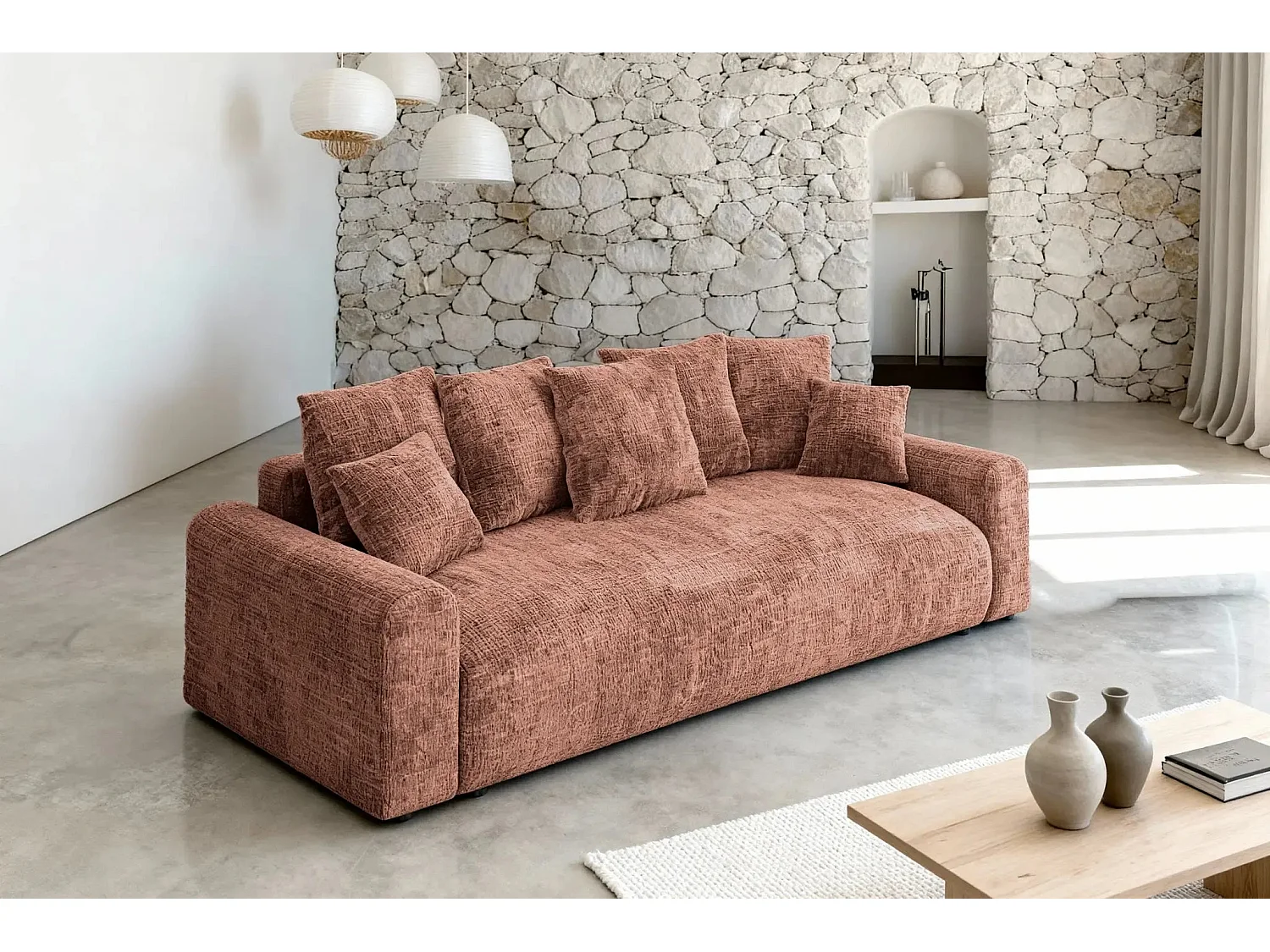 OLI - Canapé droit convertible tissu chenille 3 places Terracotta
