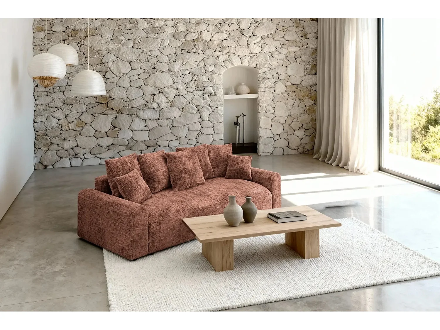 OLI - Canapé droit convertible tissu chenille 3 places Terracotta