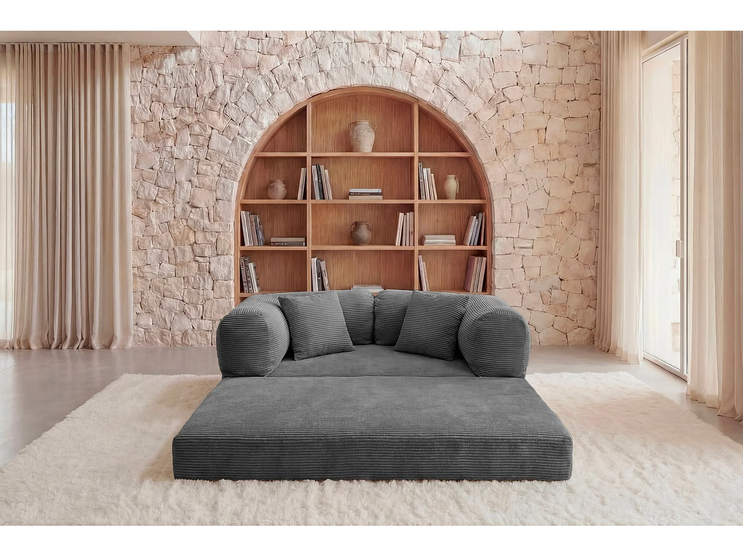 AMARA - Canapé droit convertible velours côtelé 3 places Gris foncé