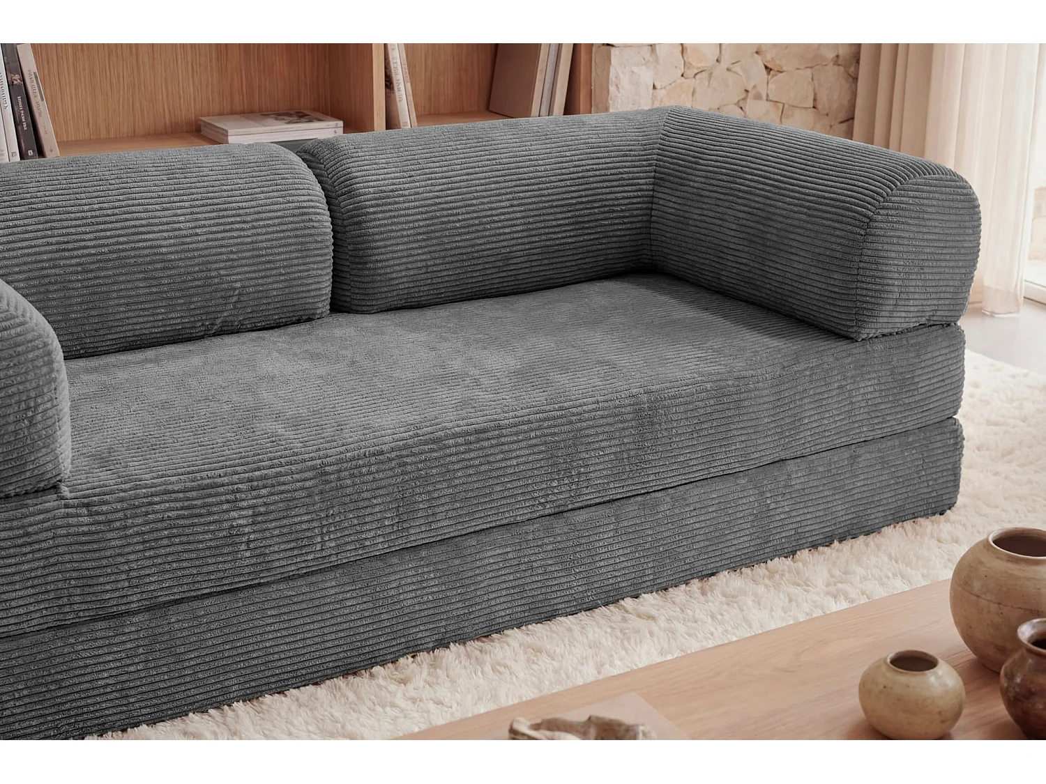 AMARA - Canapé droit convertible velours côtelé 3 places Gris foncé