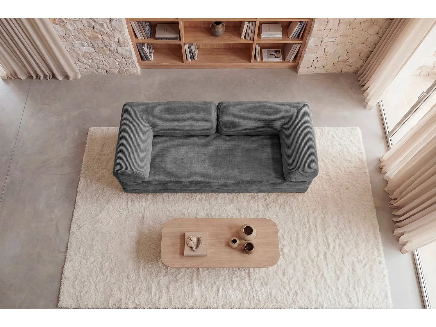 AMARA - Canapé droit convertible velours côtelé 3 places Gris foncé