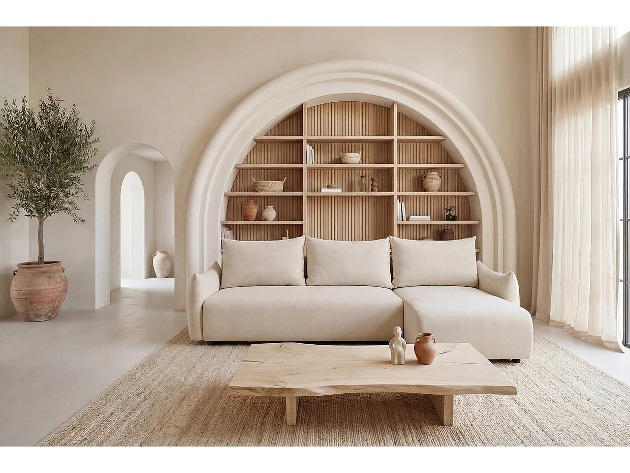 OCEANE - Canapé d'angle convertible tissu doux 3 places Beige