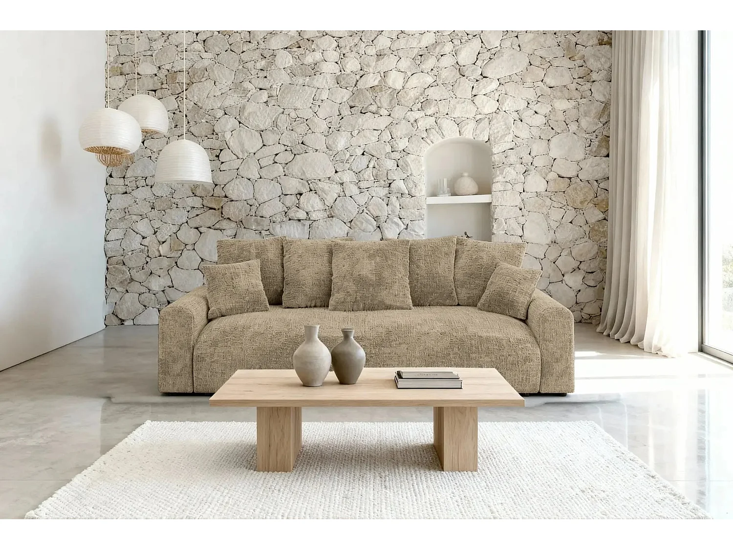 OLI - Canapé droit convertible tissu chenille 3 places Café