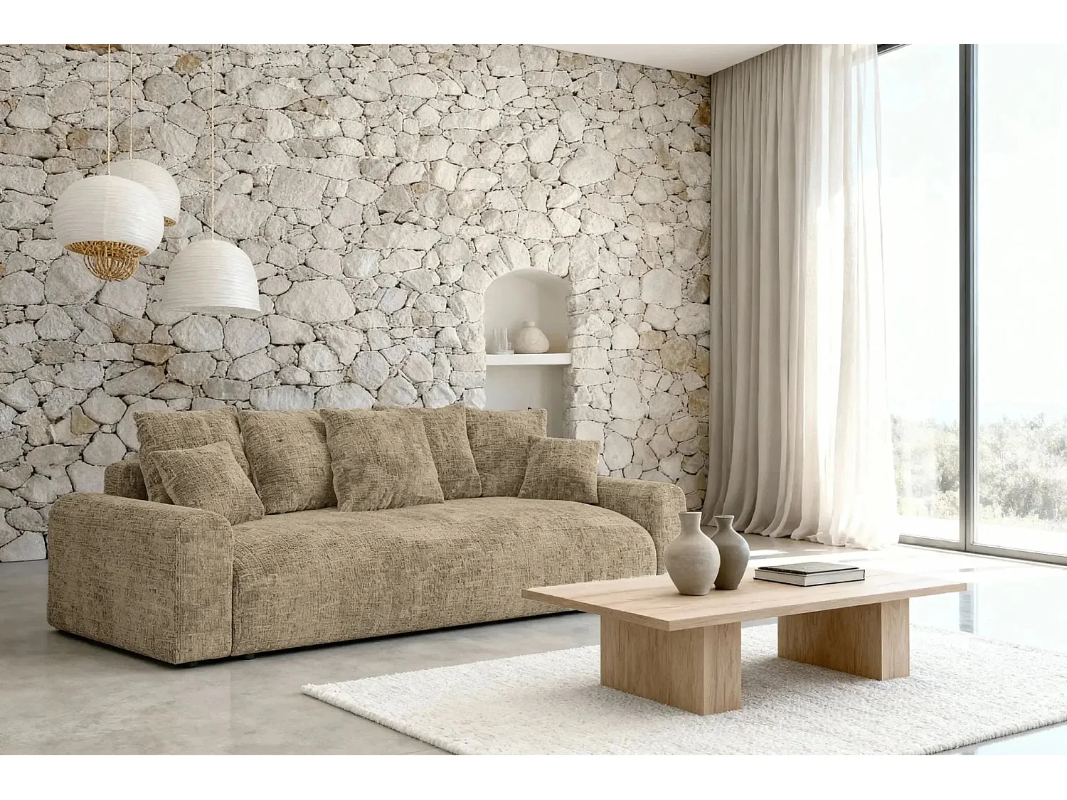 OLI - Canapé droit convertible tissu chenille 3 places Café