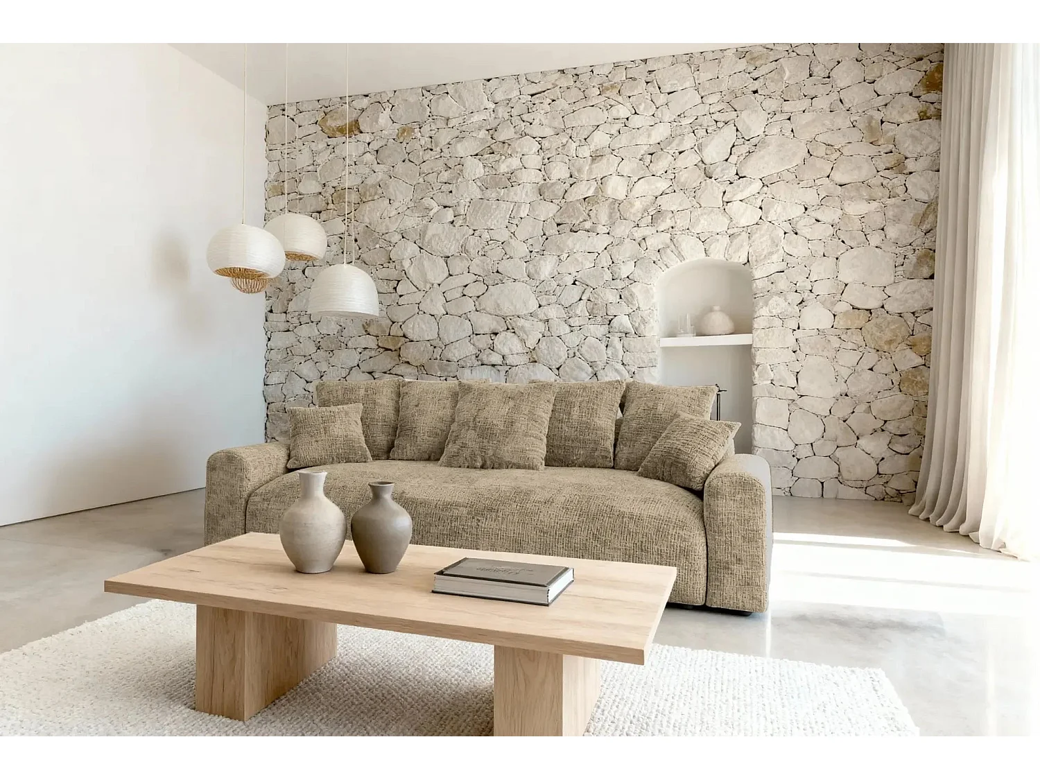 OLI - Canapé droit convertible tissu chenille 3 places Café
