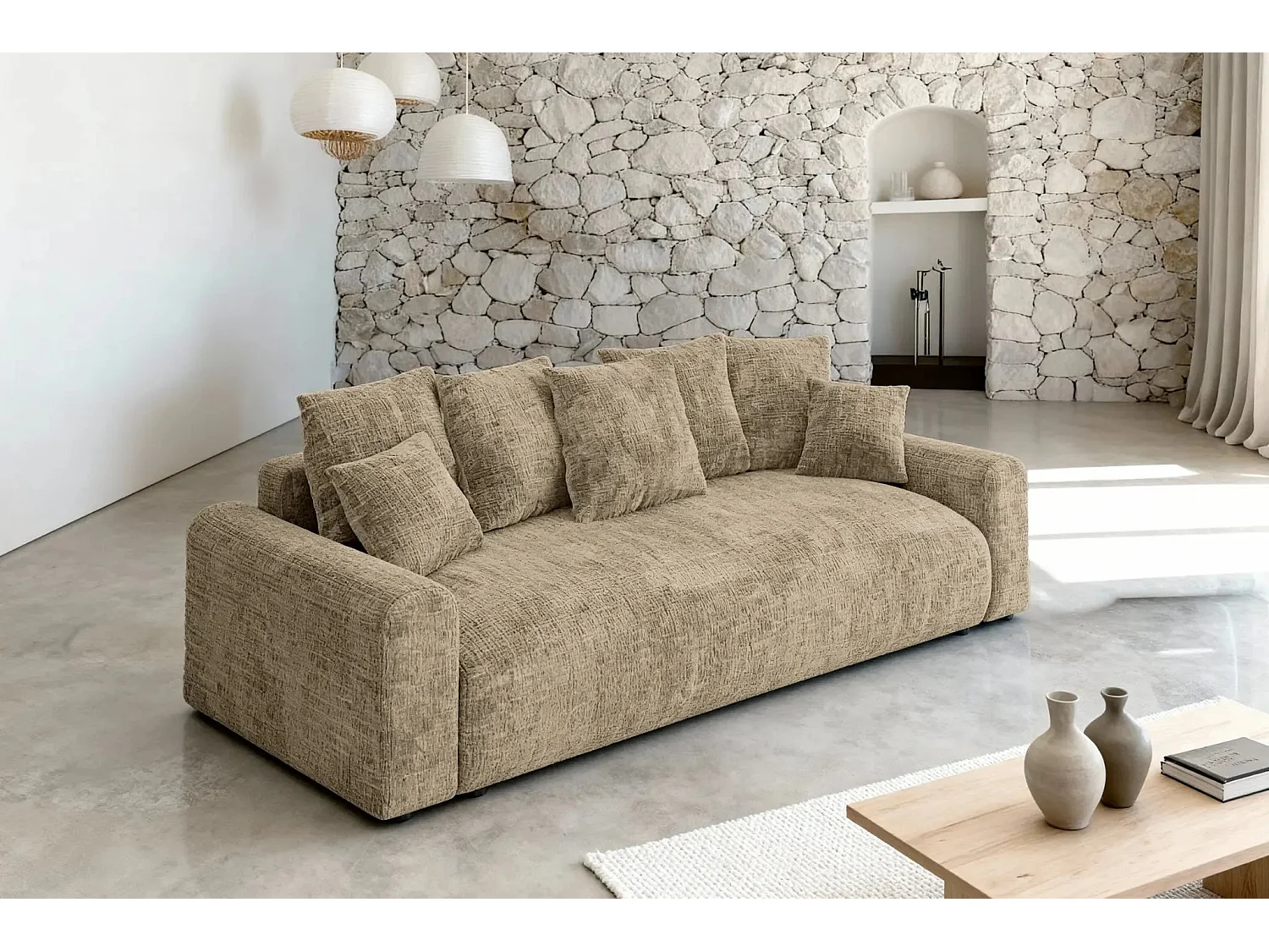 OLI - Canapé droit convertible tissu chenille 3 places Café