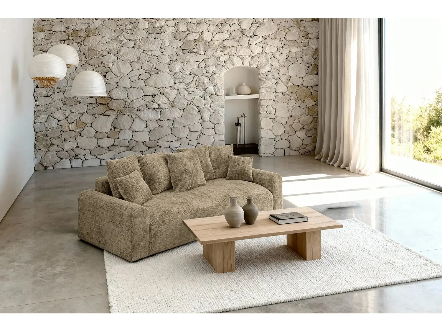 OLI - Canapé droit convertible tissu chenille 3 places Café