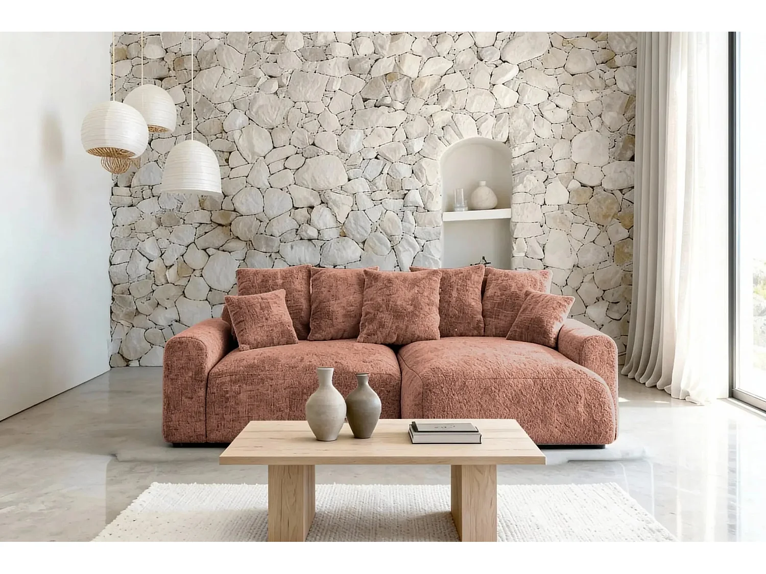 OLI - 4-zits hoekbank in chenille stof - Terracotta