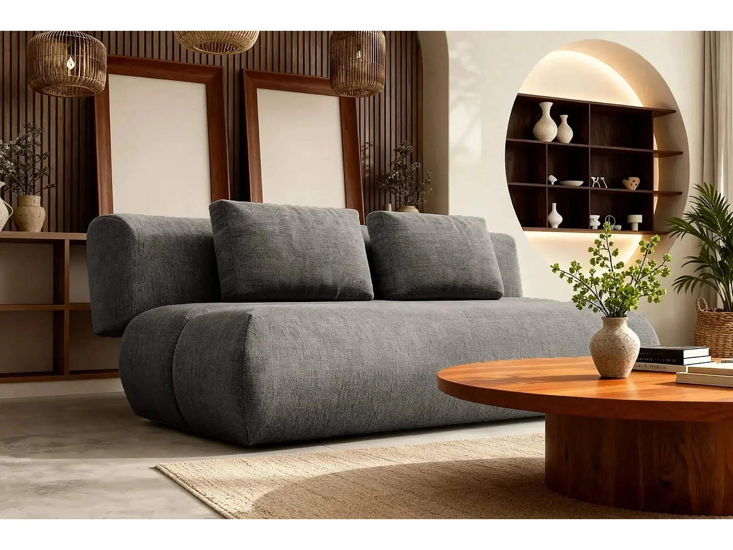 TINA - Canapé droit convertible tissu chiné 2 places Gris foncé