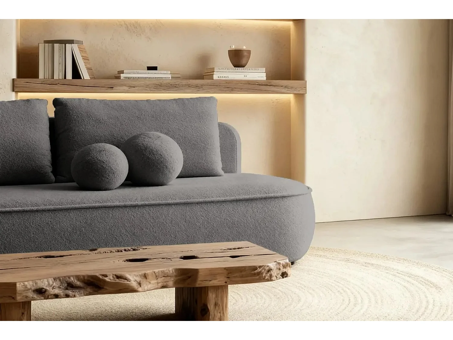 VICTOIRE - Canapé droit convertible tissu bouclette 2 places Gris