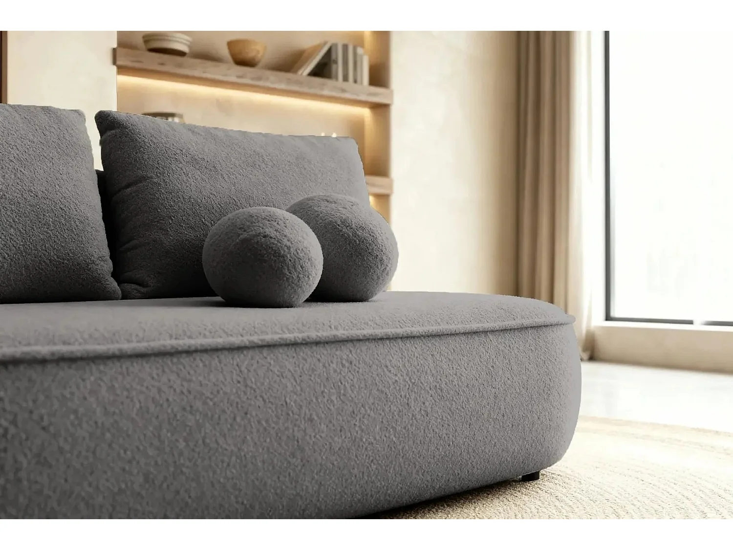 VICTOIRE - Canapé droit convertible tissu bouclette 2 places Gris