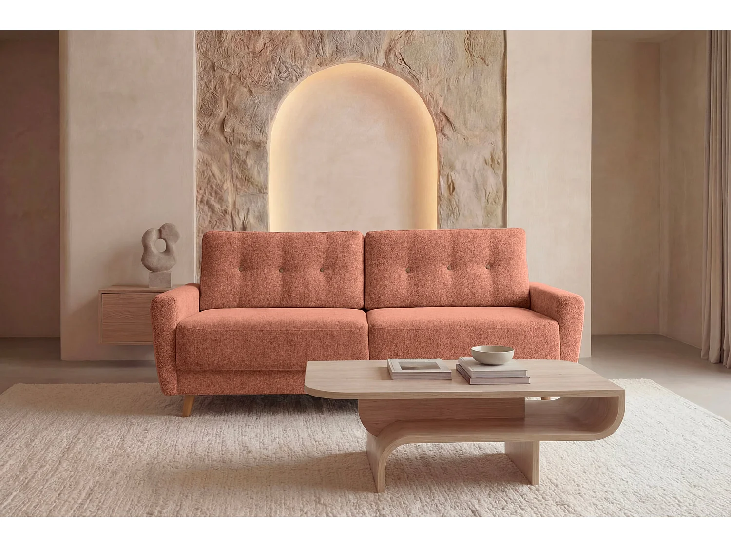 GASPARD - Canapé droit convertible tissu bouclette 3 places Terracotta