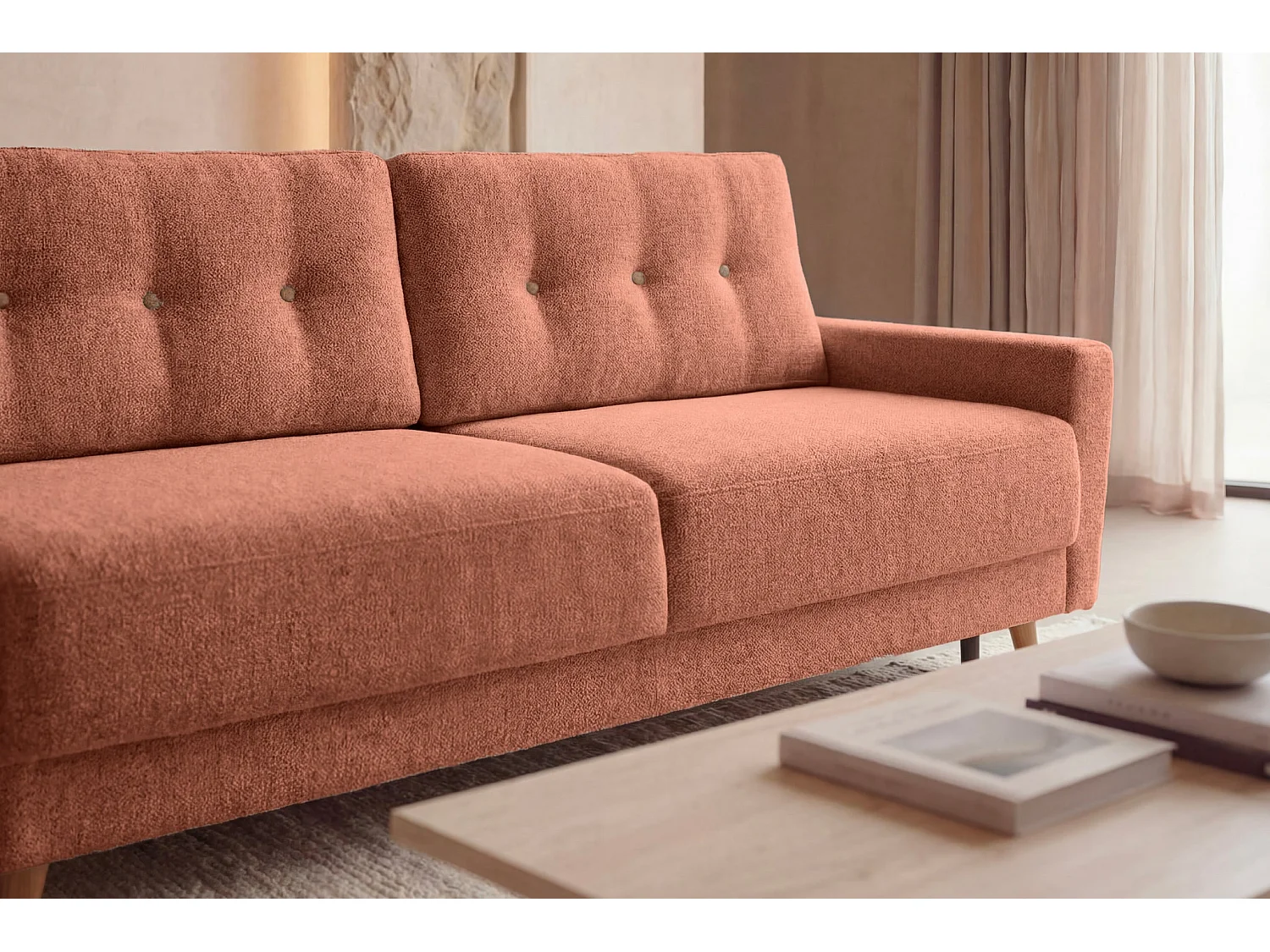 GASPARD - Canapé droit convertible tissu bouclette 3 places Terracotta