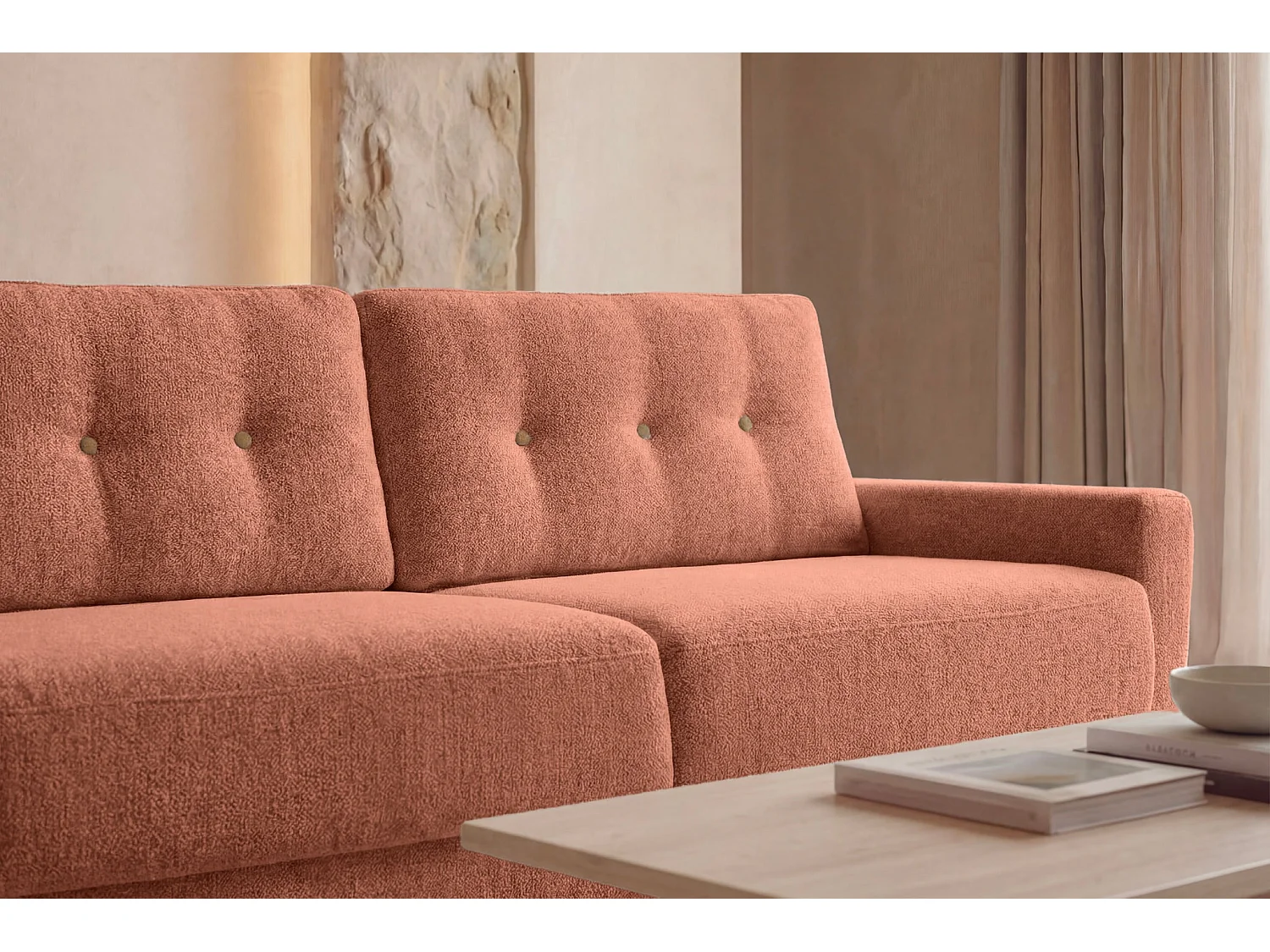 GASPARD - Canapé droit convertible tissu bouclette 3 places Terracotta