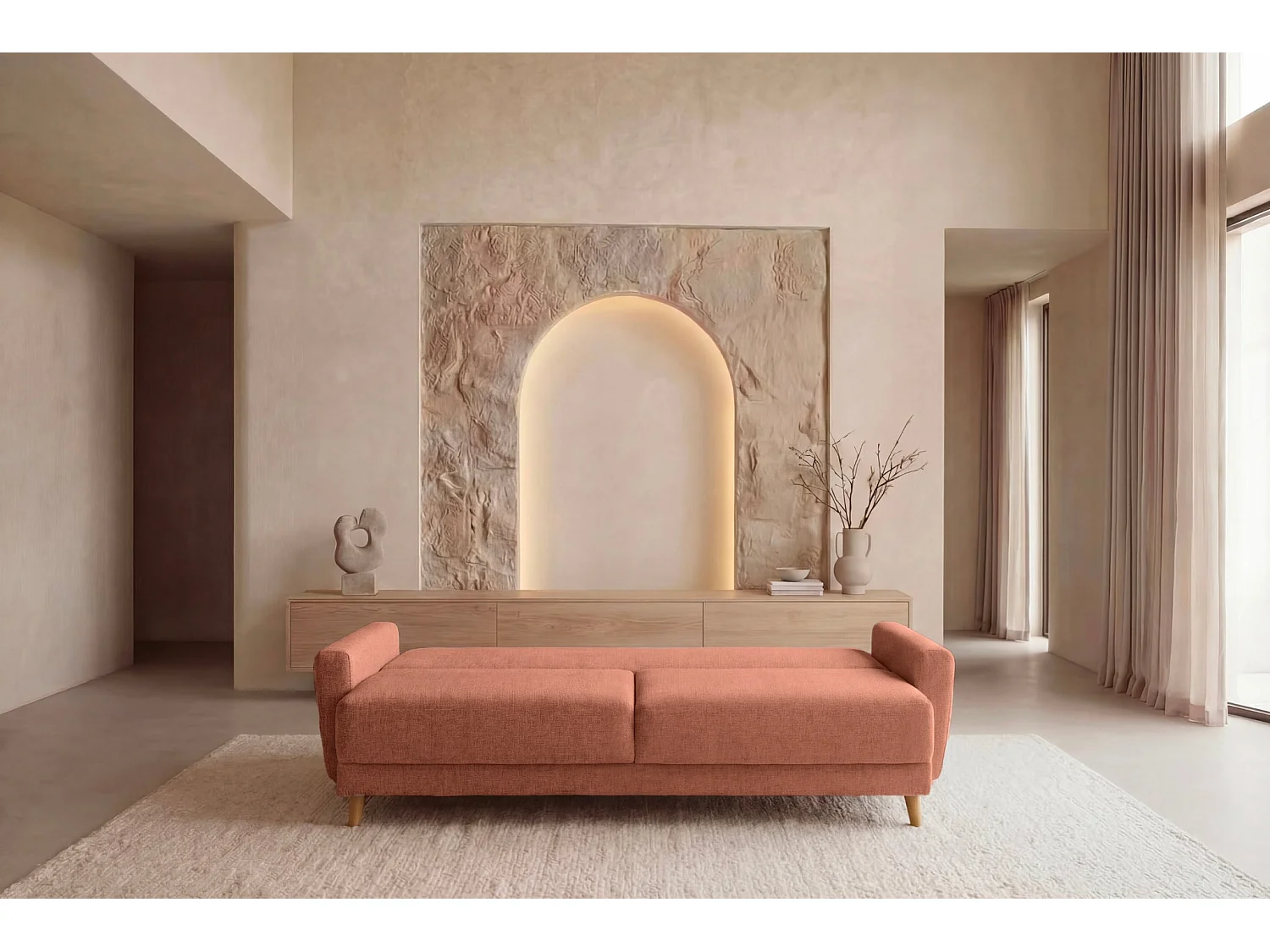 GASPARD - Canapé droit convertible tissu bouclette 3 places Terracotta