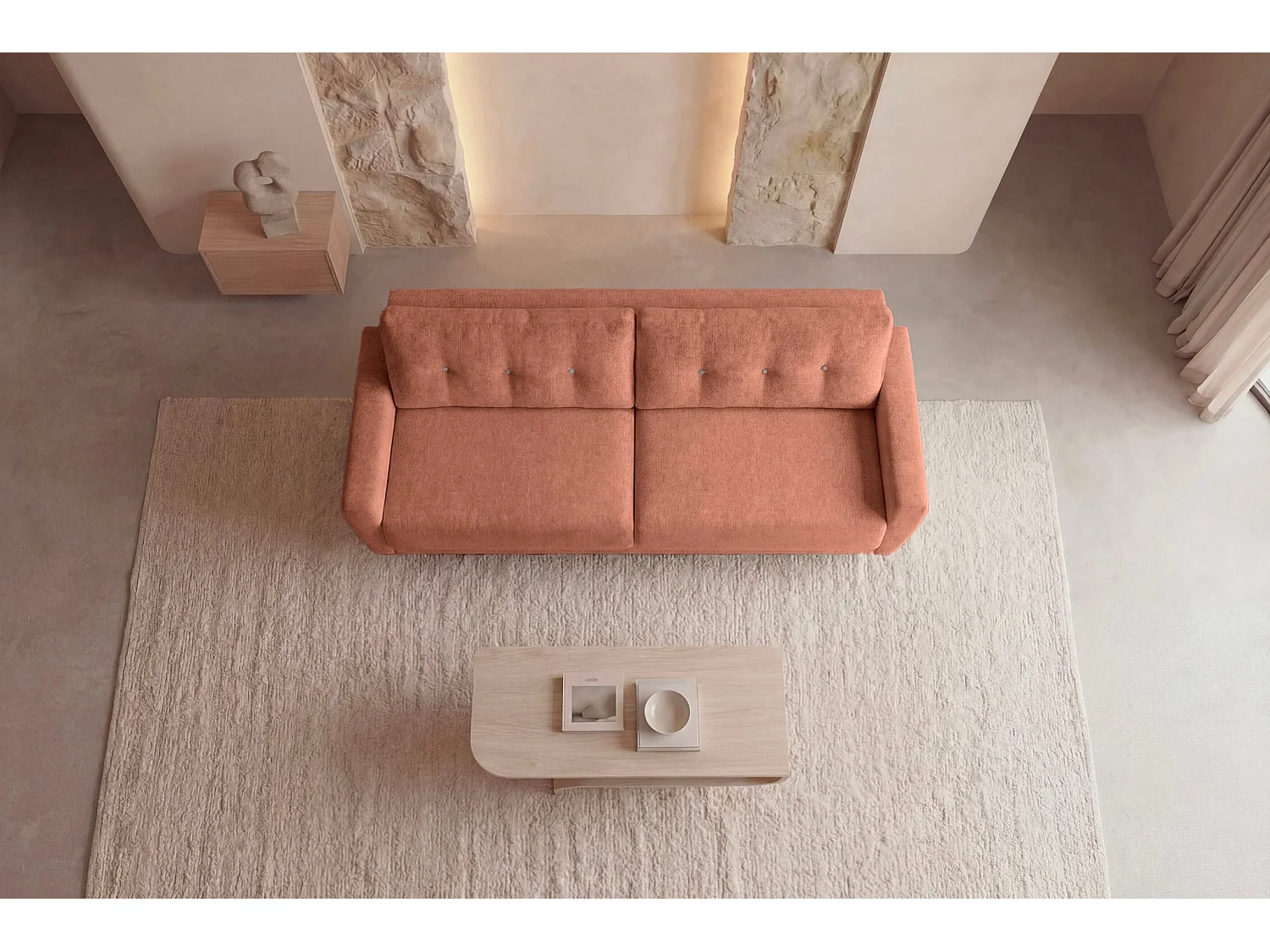 GASPARD - Canapé droit convertible tissu bouclette 3 places Terracotta