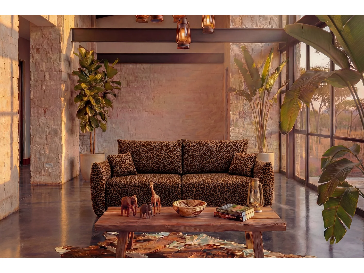 ELIO - Canapé droit convertible tissu imprimé animalier 3 places Terracotta