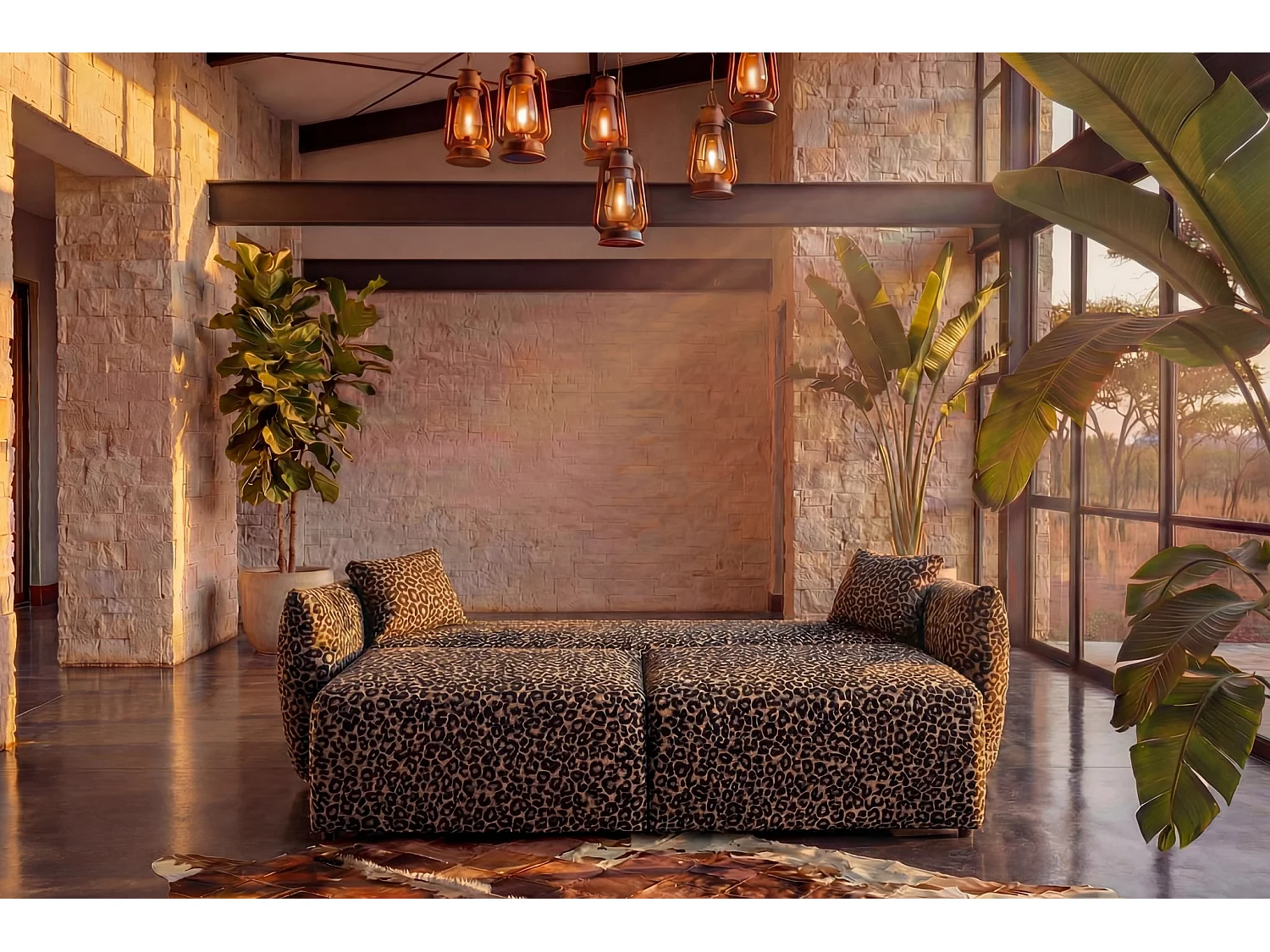 ELIO - Canapé droit convertible tissu imprimé animalier 3 places Terracotta