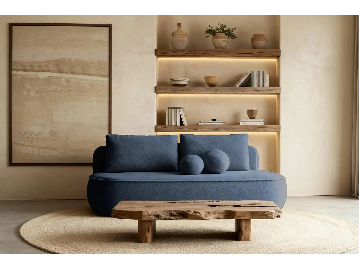 VICTOIRE - Canapé droit convertible tissu bouclette 2 places Bleu