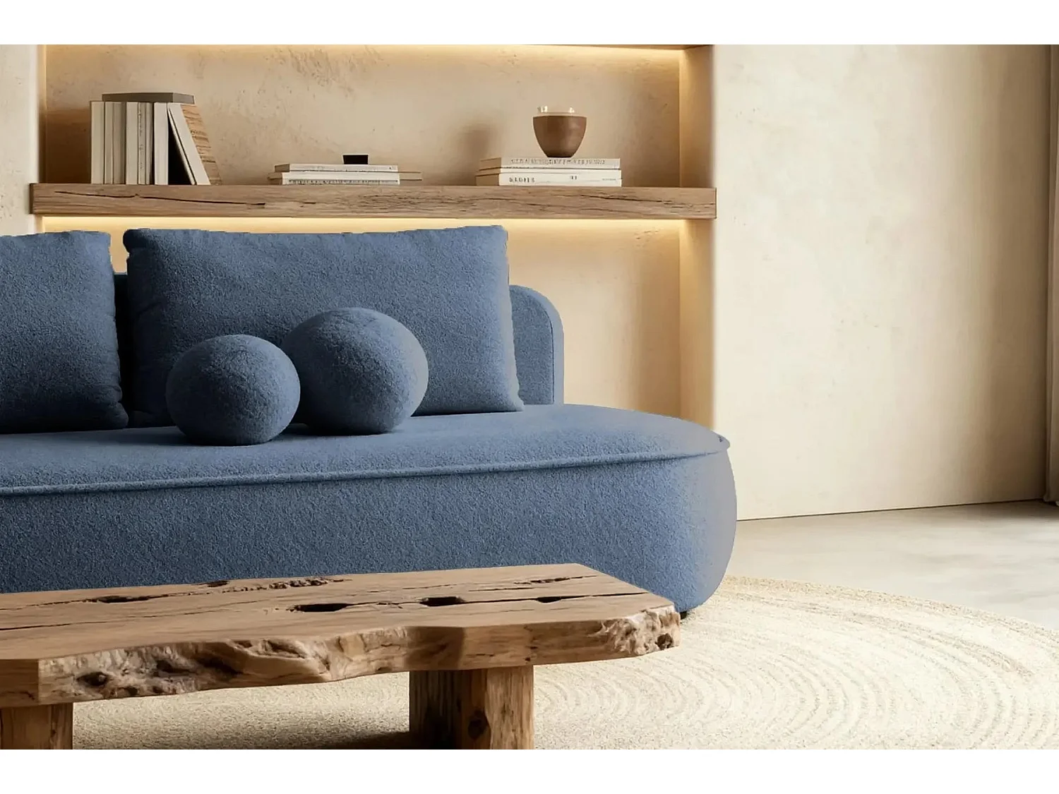 VICTOIRE - Canapé droit convertible tissu bouclette 2 places Bleu