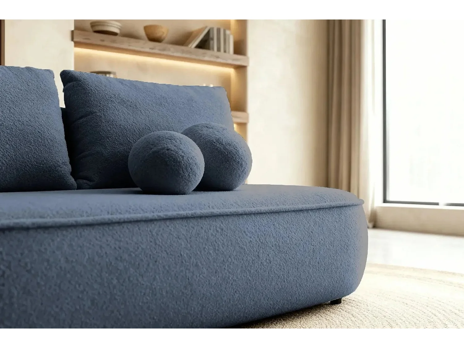VICTOIRE - Canapé droit convertible tissu bouclette 2 places Bleu
