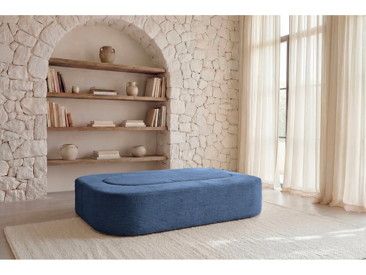 VENEDA - Canapé droit convertible velours côtelé 3 places Bleu