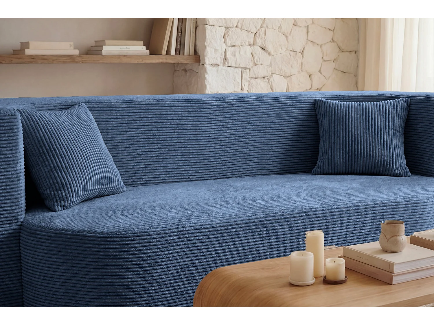 VENEDA - Canapé droit convertible velours côtelé 3 places Bleu