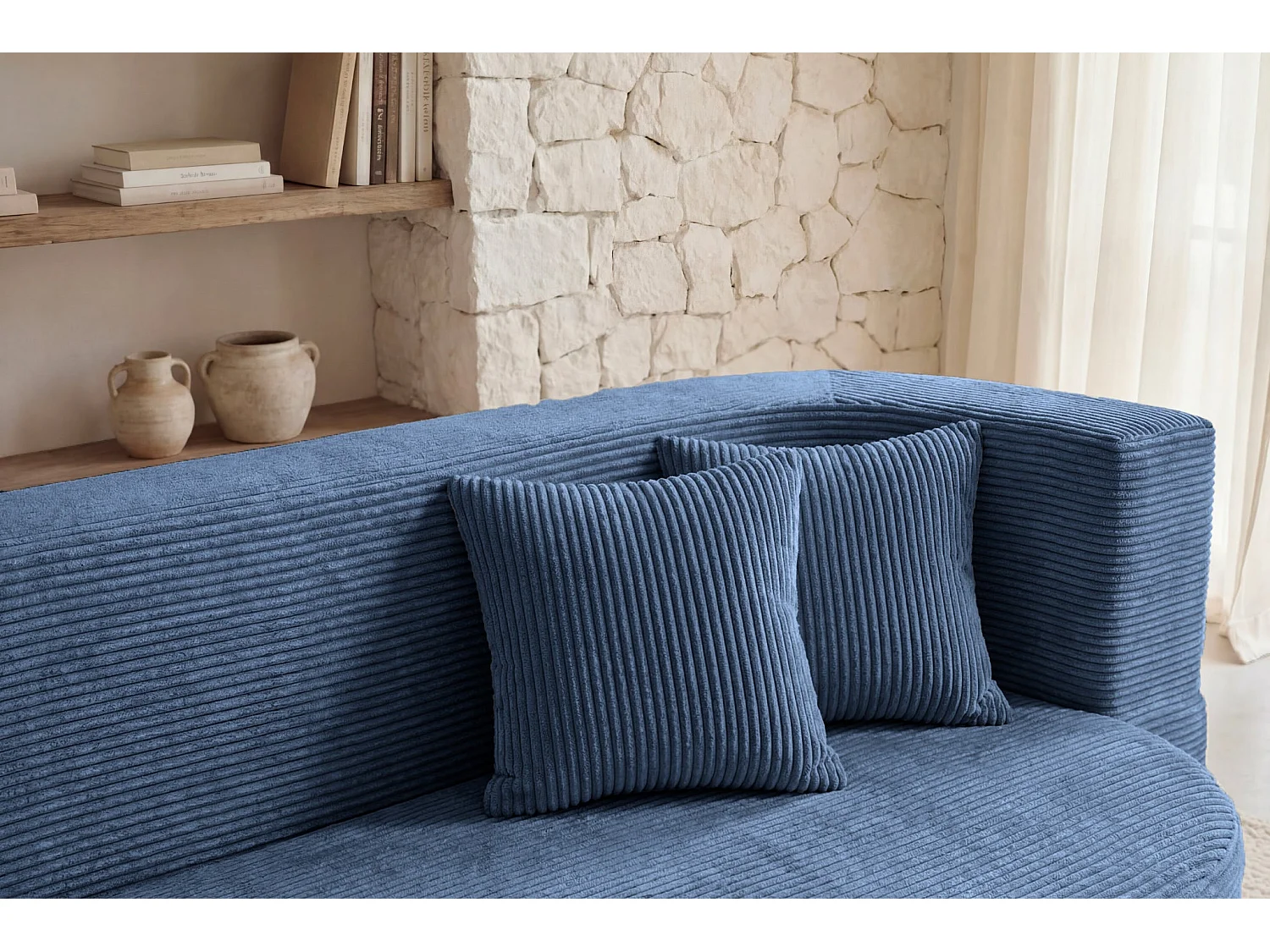 VENEDA - Canapé droit convertible velours côtelé 3 places Bleu