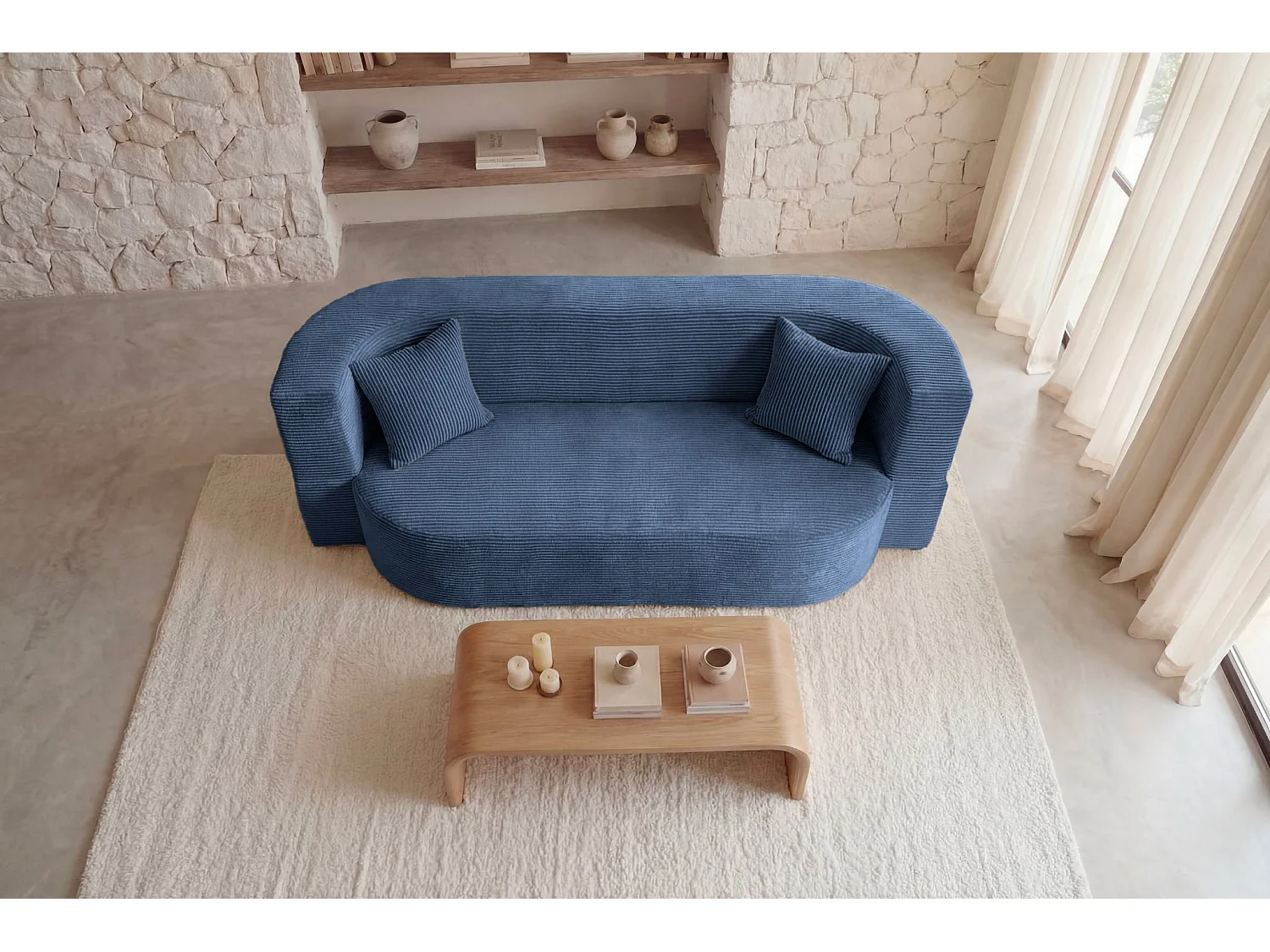 VENEDA - Canapé droit convertible velours côtelé 3 places Bleu