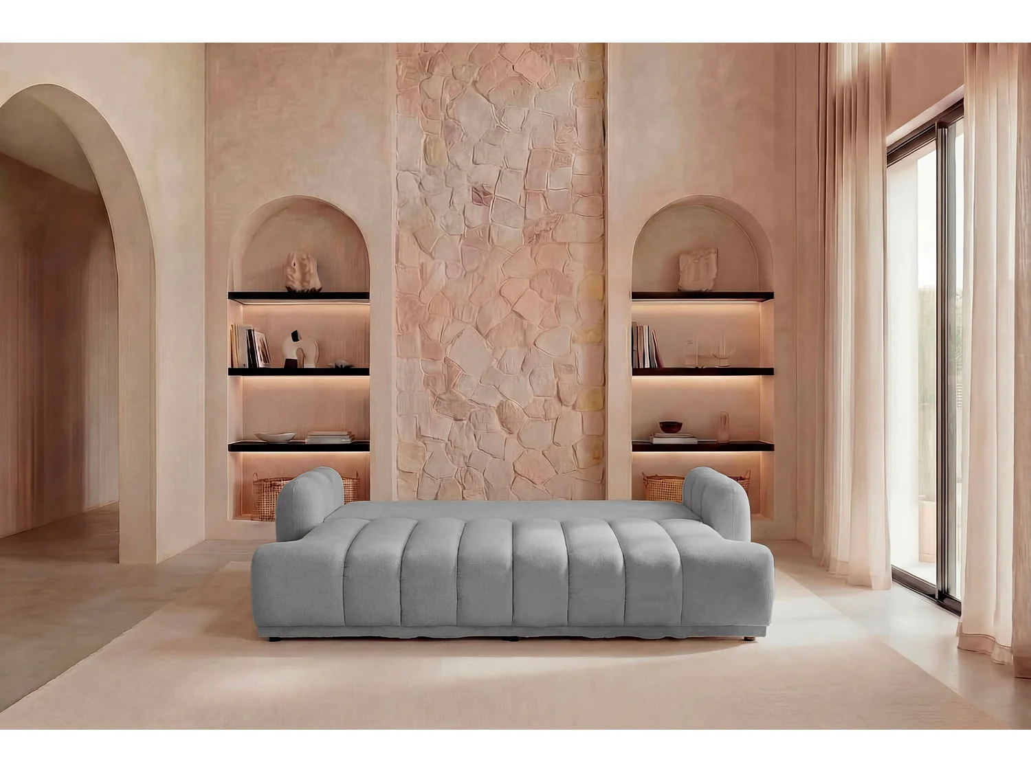 MARIA - Canapé droit convertible lisse 3 places Gris clair