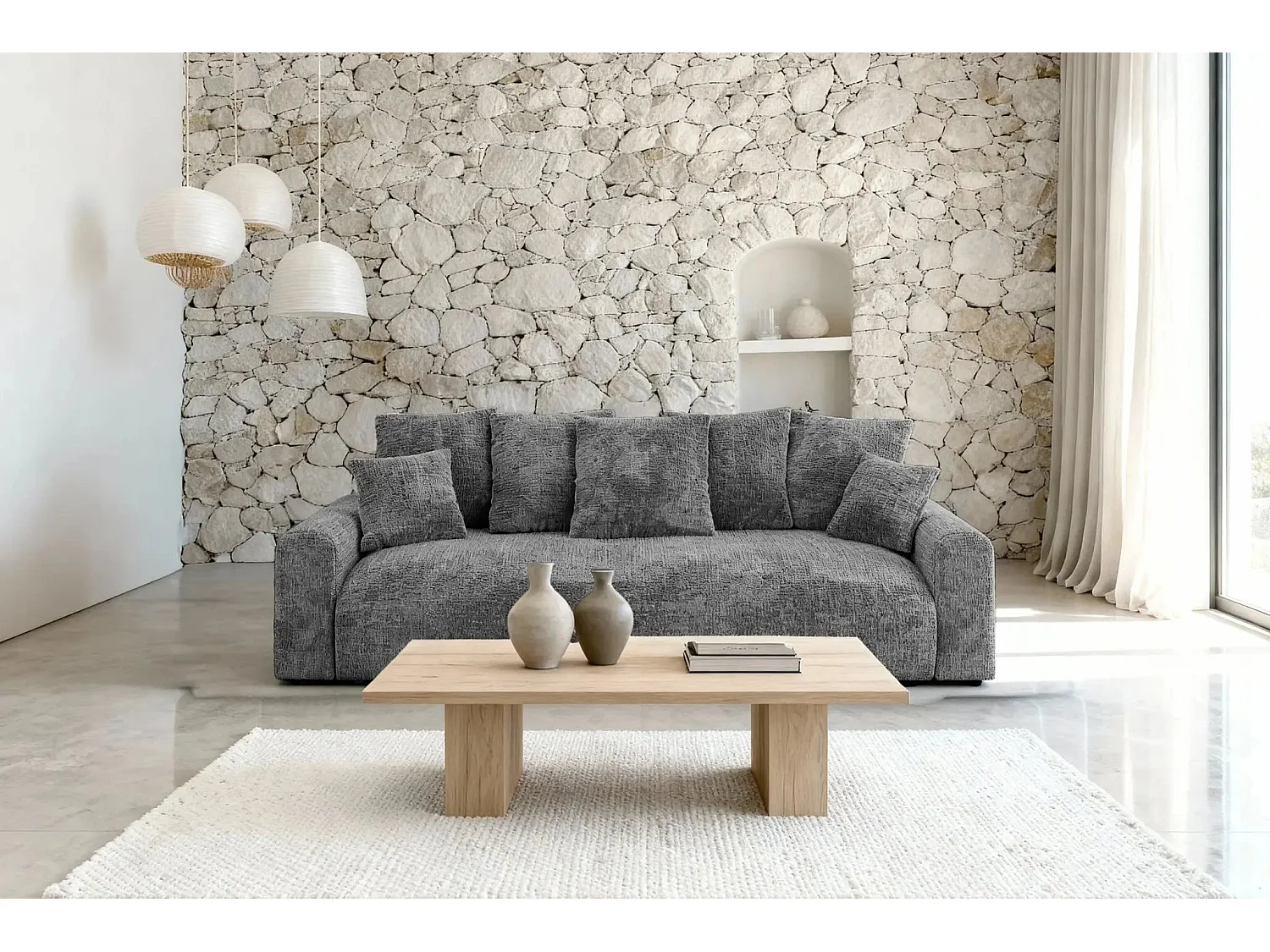 OLI - Canapé droit convertible tissu chenille 3 places Gris foncé