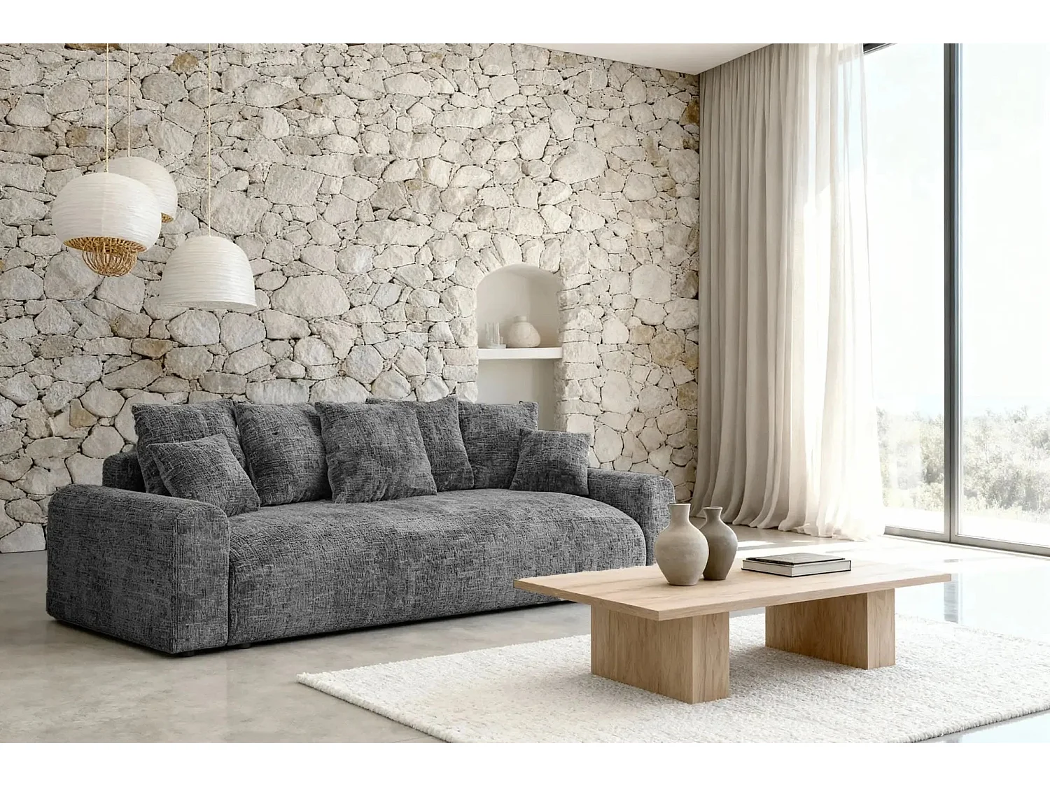 OLI - Canapé droit convertible tissu chenille 3 places Gris foncé
