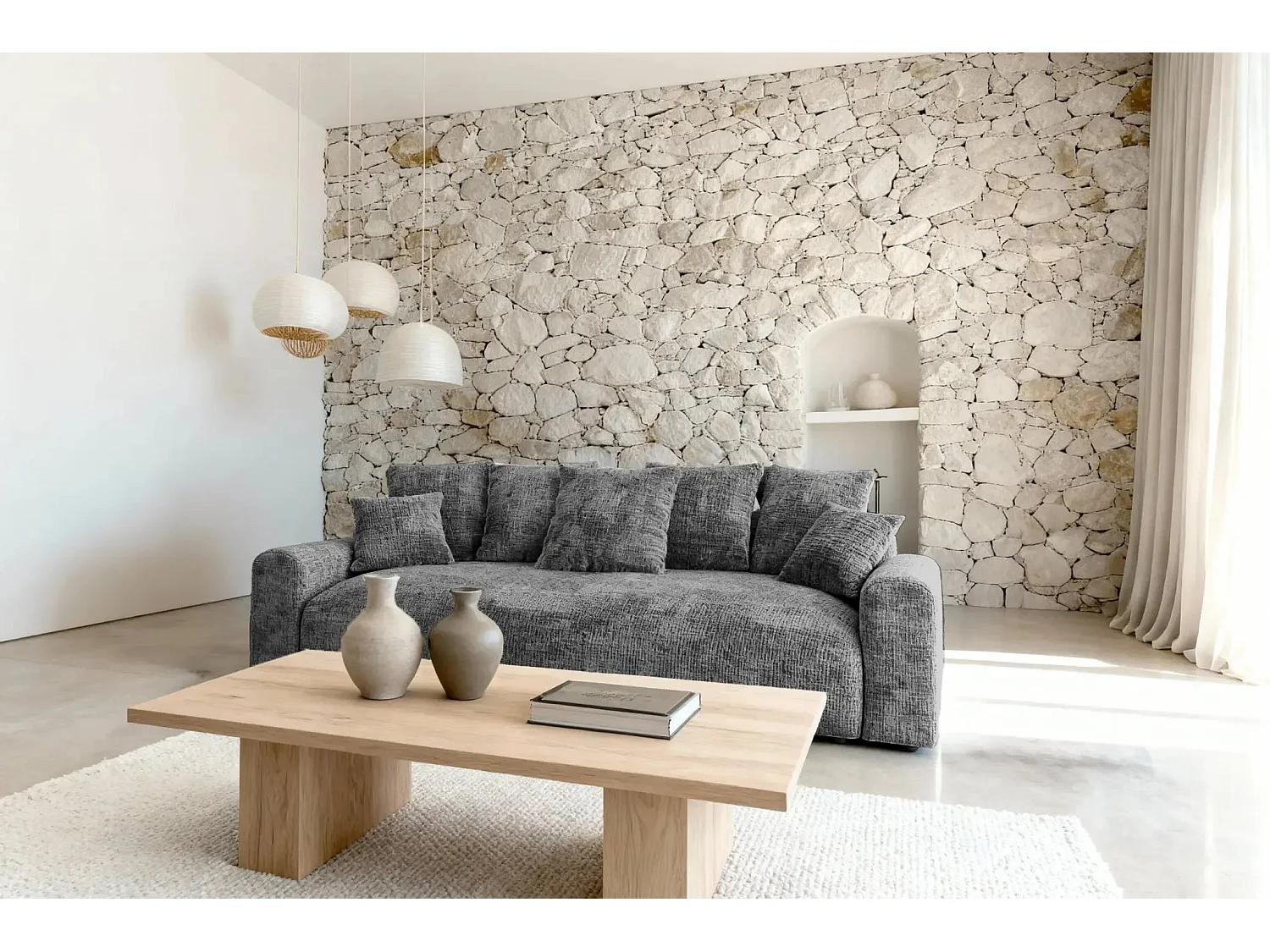 OLI - Canapé droit convertible tissu chenille 3 places Gris foncé