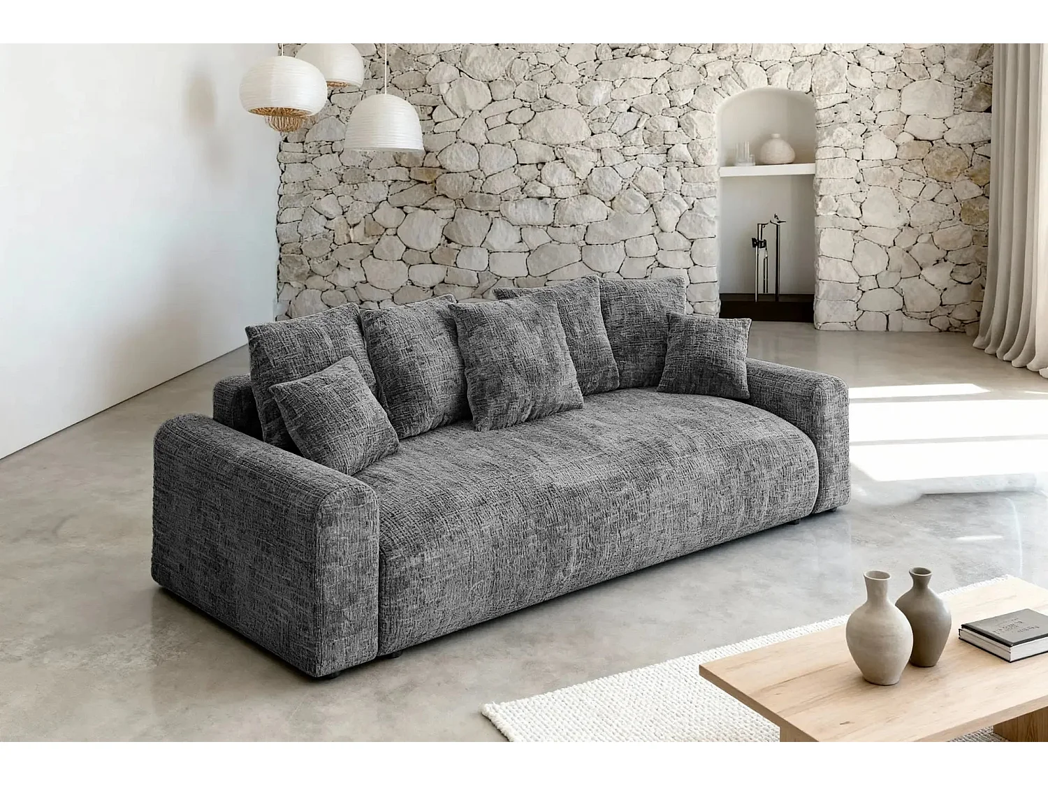 OLI - Canapé droit convertible tissu chenille 3 places Gris foncé