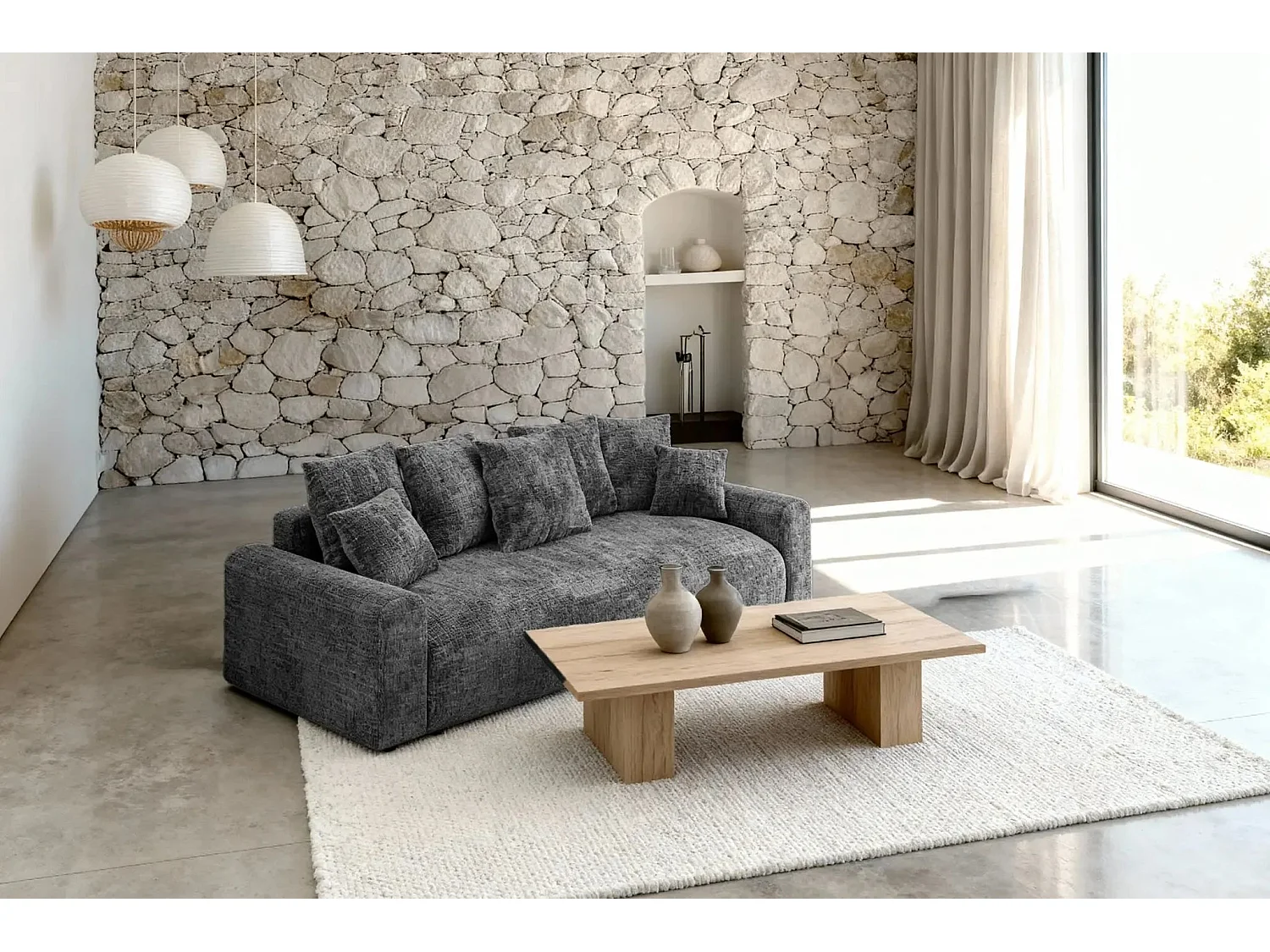 OLI - Canapé droit convertible tissu chenille 3 places Gris foncé