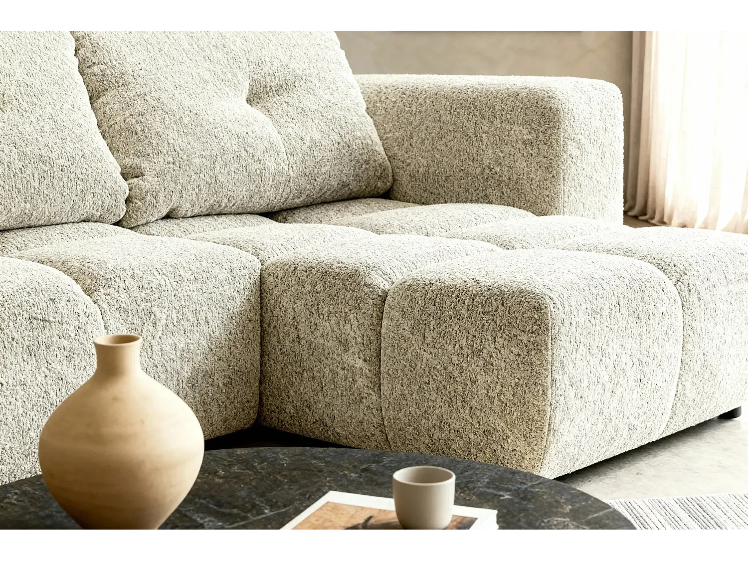 ROMY MINI - Canapé d'angle convertible tissu chenille 2 places Beige