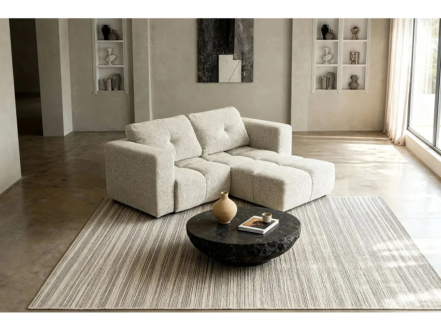 ROMY MINI - Canapé d'angle convertible tissu chenille 2 places Beige