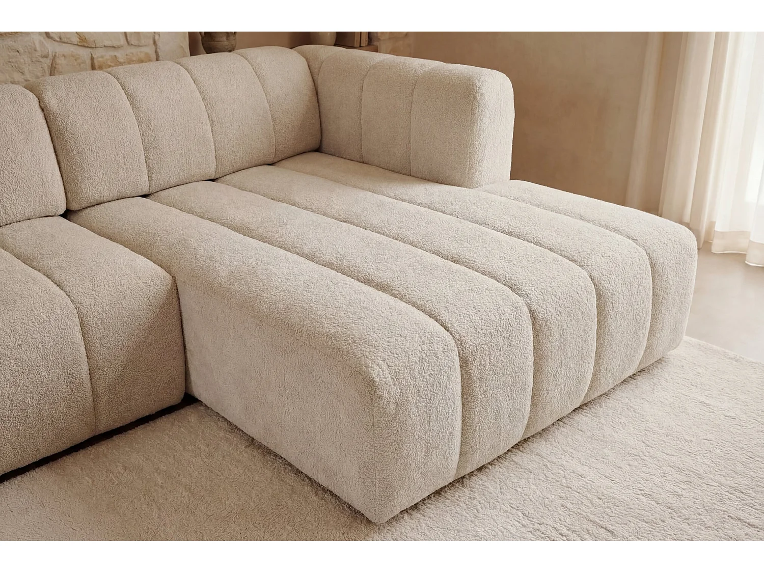 MARIUS - Canapé d'angle convertible tissu chenille 4 places - Beige
