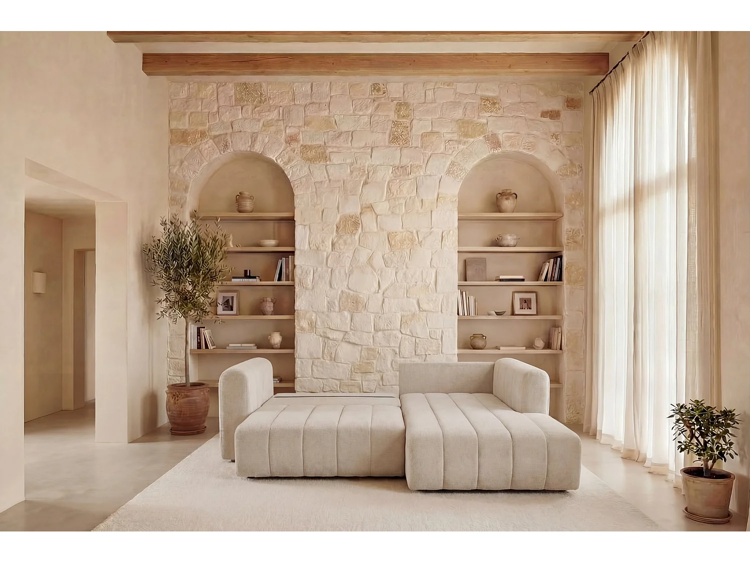 MARIUS - Canapé d'angle convertible tissu chenille 4 places - Beige