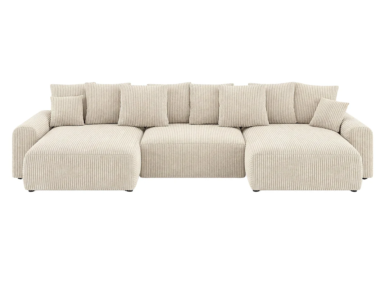 OLI - Canapé panoramique convertible petit velours côtelé Beige