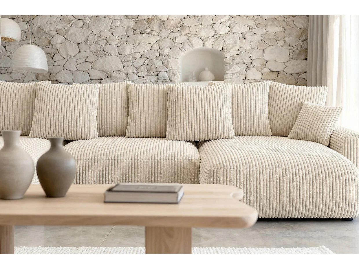 OLI - Canapé panoramique convertible petit velours côtelé Beige