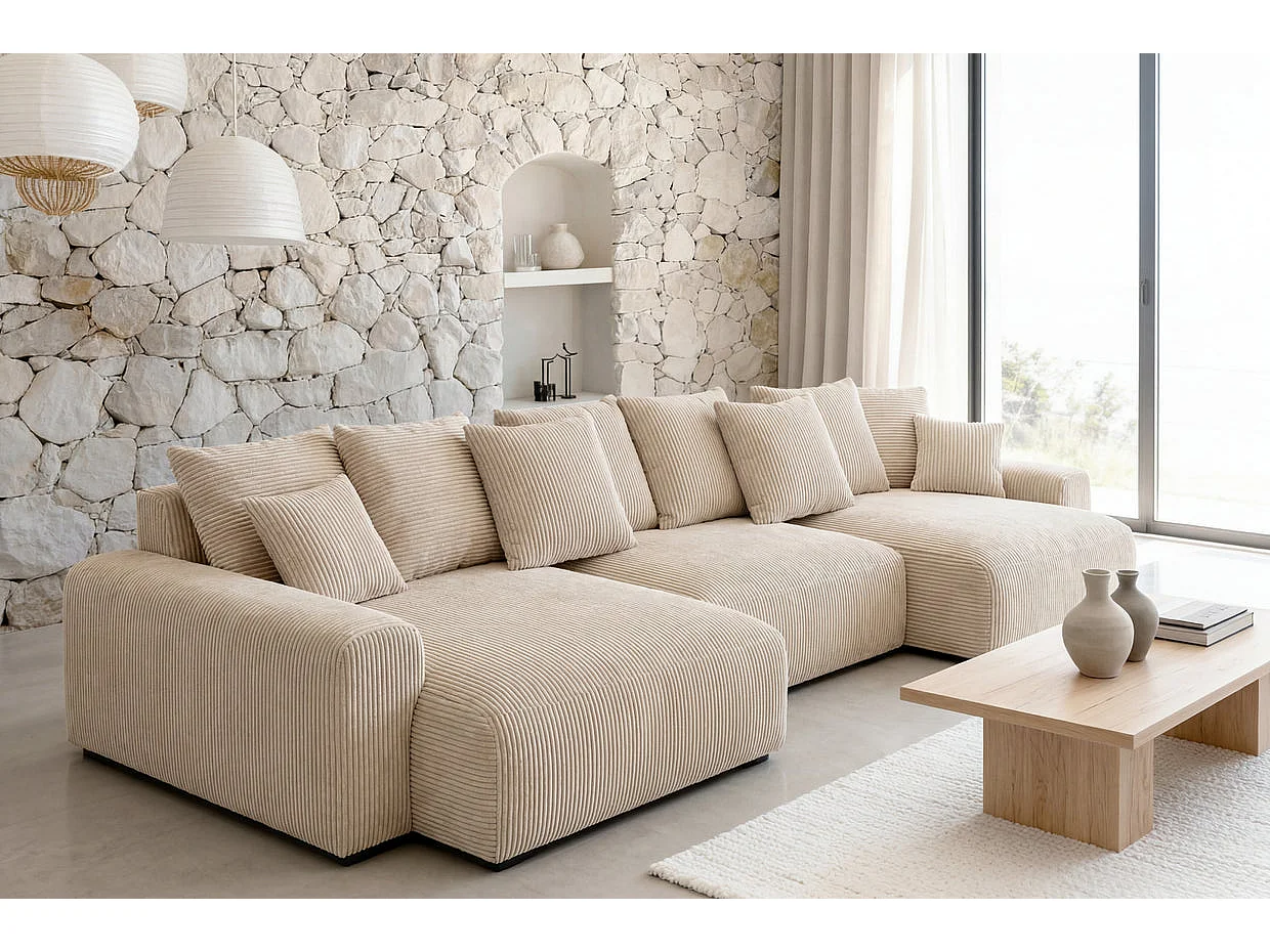 OLI - Canapé panoramique convertible petit velours côtelé Beige